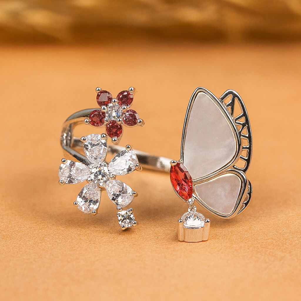 Adjustable Silver Ring - Floral & Butterfly Design With Rad and White Stones