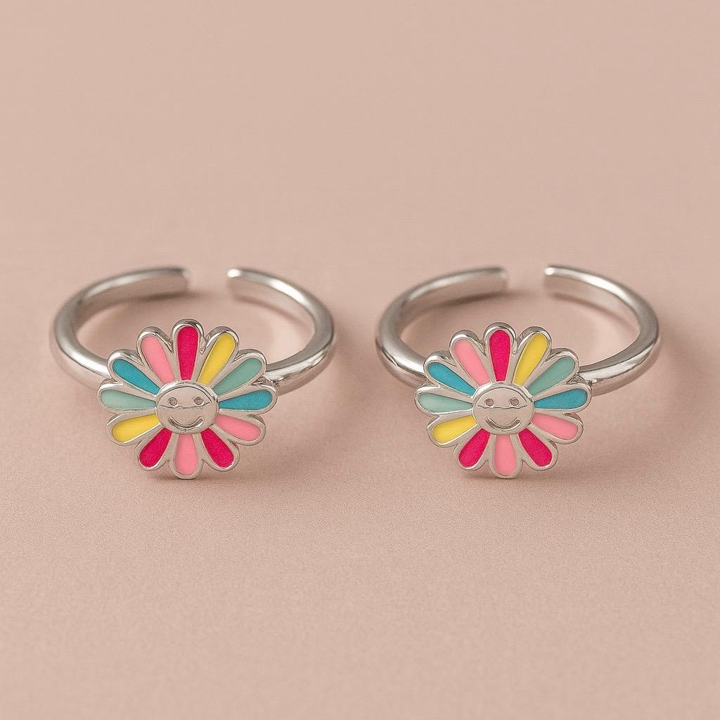 92.5 Silver Adjustable Colorful Flower elegant Toe Ring for Women & Girls