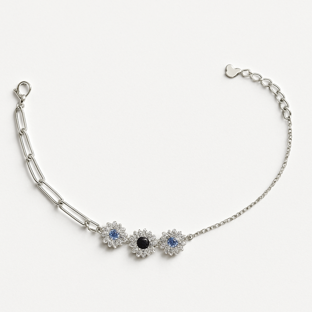 Silver Floral Bracelet with Black Stone & CZ Diamonds - Elegant Designer Jewellery for Women