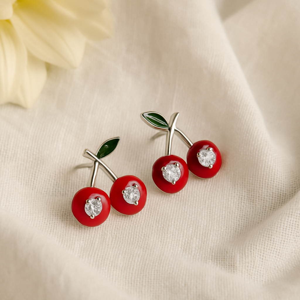 Sterling Silver Cherry Stud Earrings – Cute Red Enamel Fruit Earrings for Women &amp; Girls