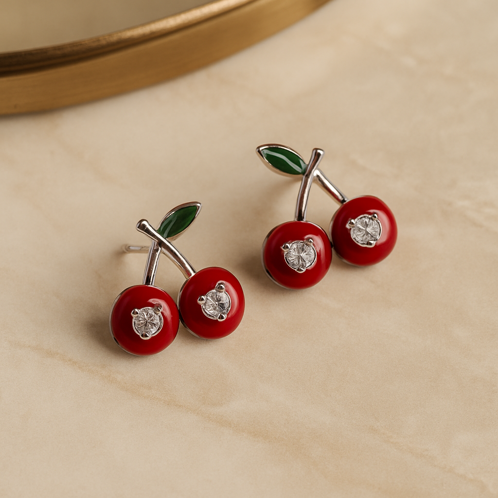Sterling Silver Cherry Stud Earrings – Cute Red Enamel Fruit Earrings for Women &amp; Girls