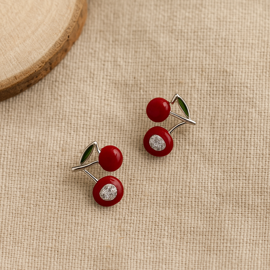 Sterling Silver Cherry Stud Earrings – Cute Red Enamel Fruit Earrings for Women &amp; Girls