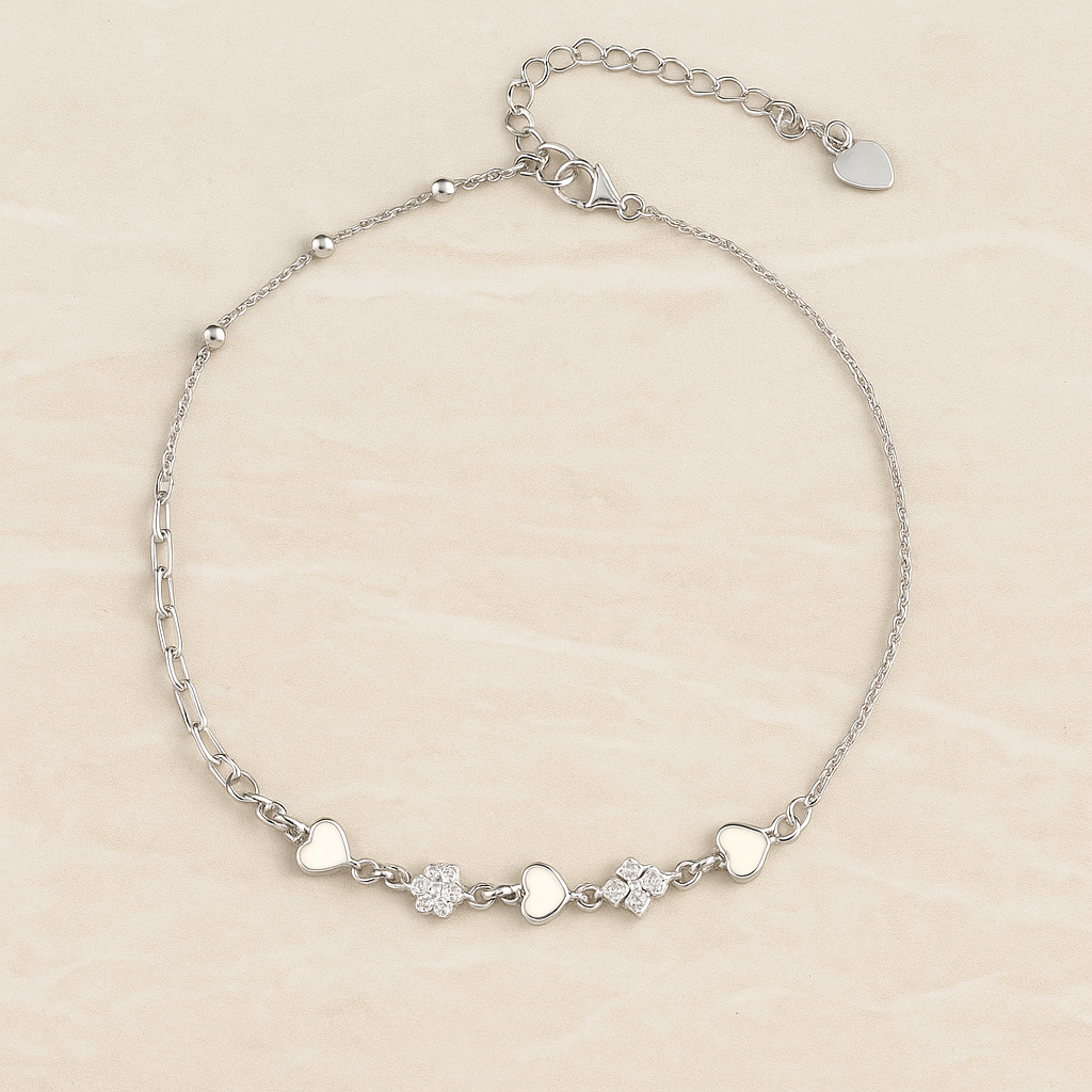 Link Chain Anklet with Floral & Heart
