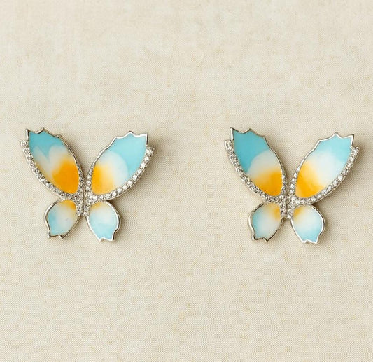 Blue & Orange Butterfly Silver Stud Earrings - Enamel with Zircon Detailing