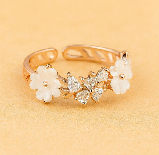 Rose Gold Floral Adjustable Ring with White Enamel Flowers & Zircon Accents