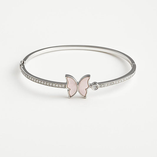Sterling Silver Pink Butterfly Bangle Bracelet - Elegant CZ Studded Design for Women
