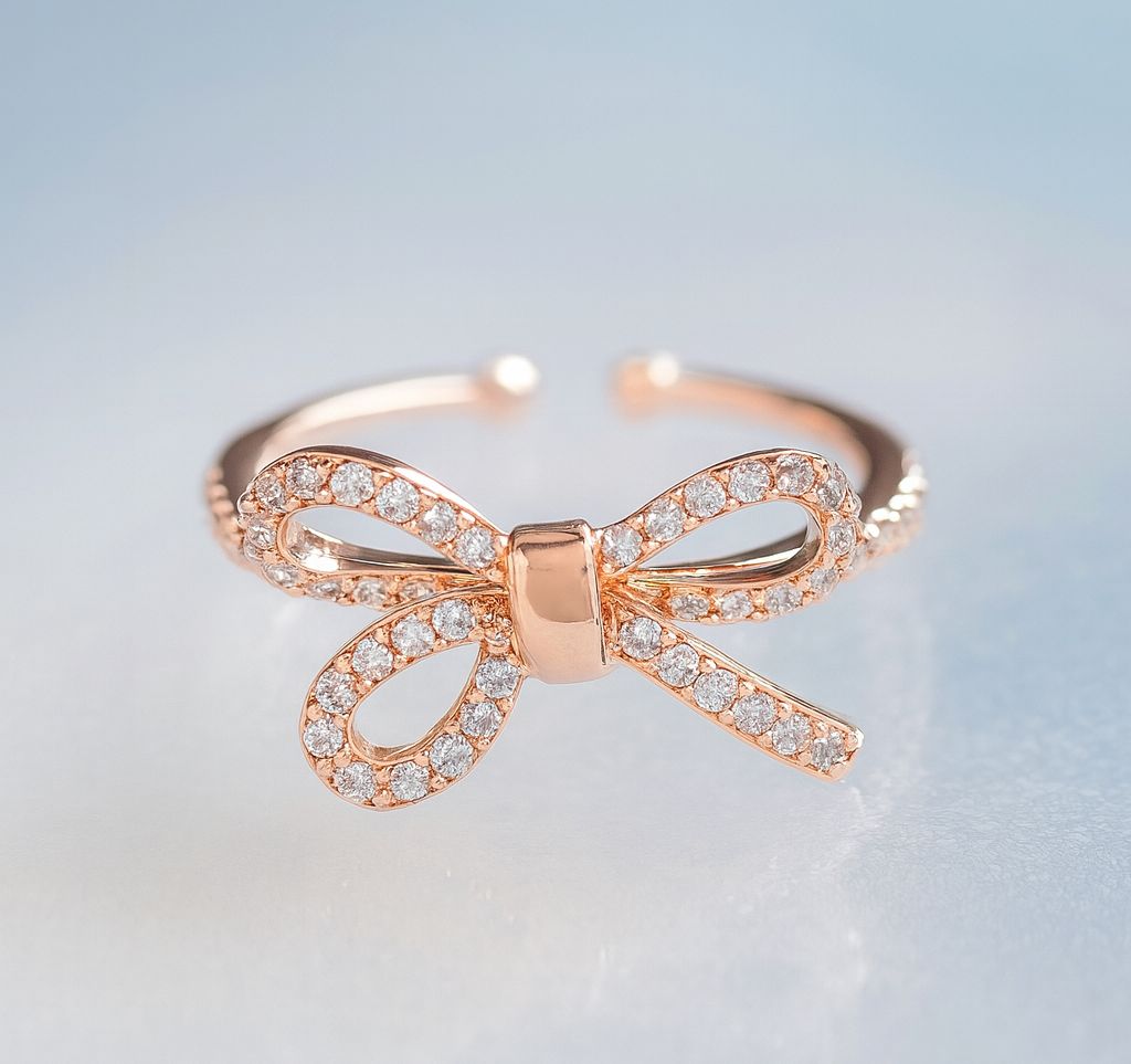 Sterling Silver Rose Gold Plated Bow Knot Adjustable Ring for Women - CZ Diamond Design