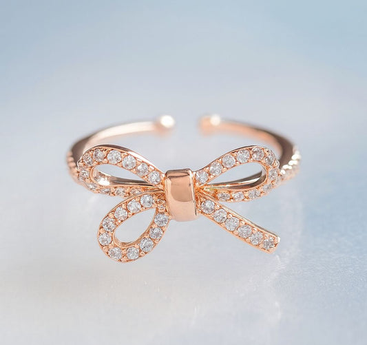 Sterling Silver Rose Gold Plated Bow Knot Adjustable Ring for Women - CZ Diamond Design