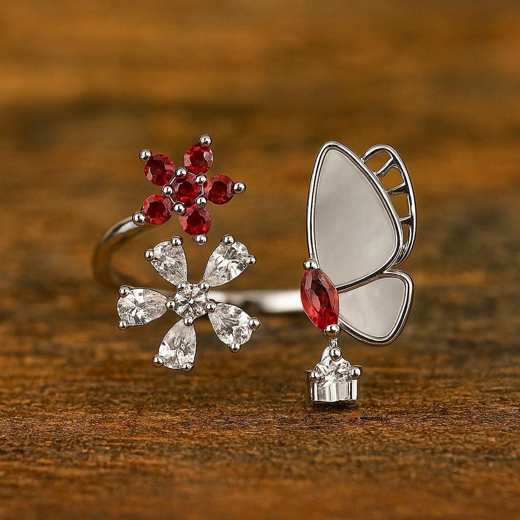 Adjustable Silver Ring - Floral & Butterfly Design With Rad and White Stones