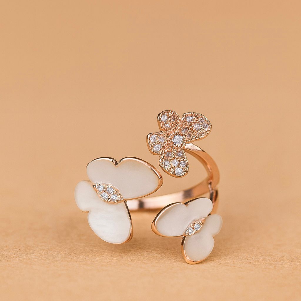 Adjustable Floral silver Ring -White Enamel Petals With Zircon Accents & Rose Gold Finish