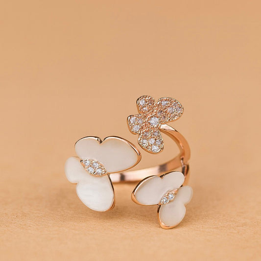 Adjustable Floral silver Ring -White Enamel Petals With Zircon Accents & Rose Gold Finish