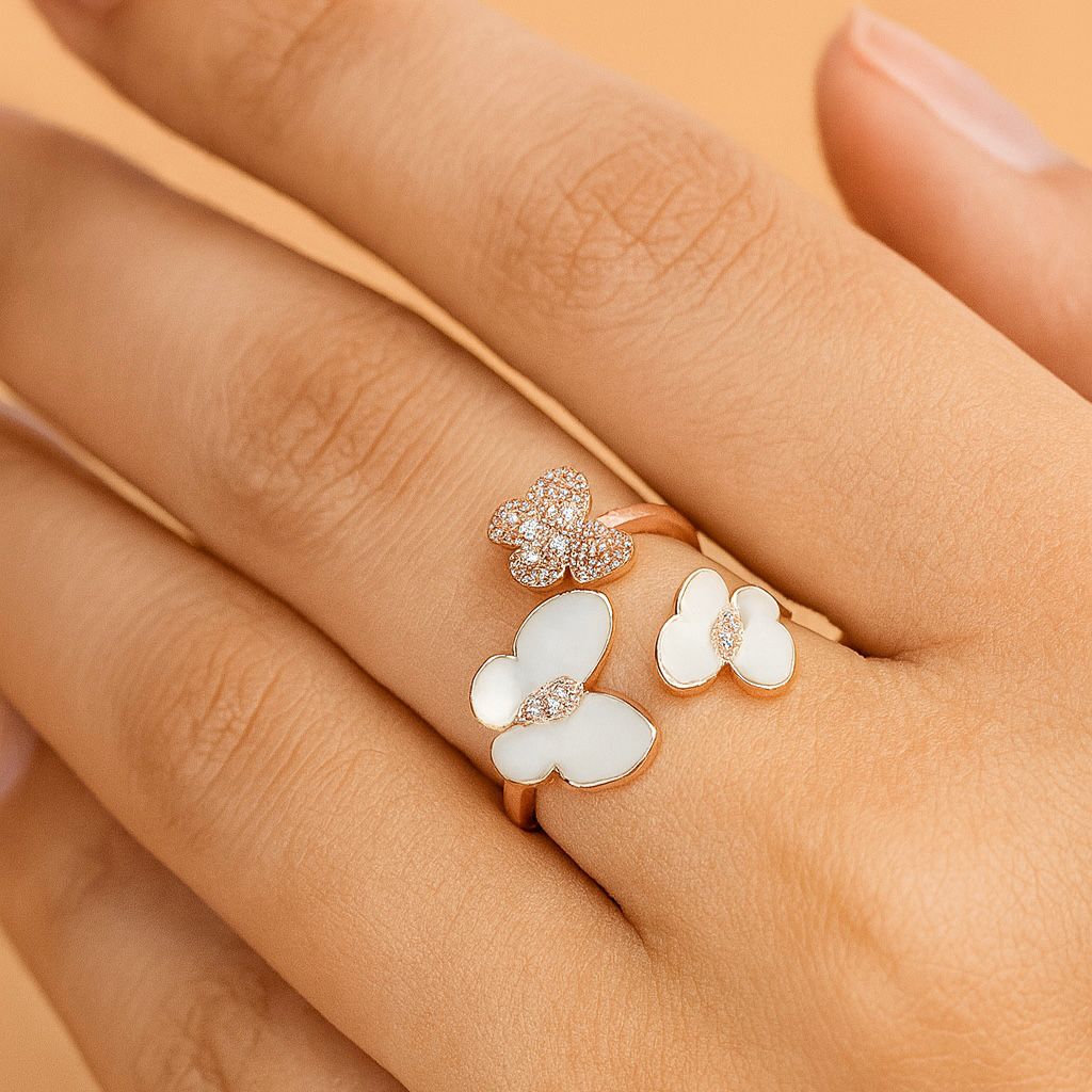 Adjustable Floral silver Ring -White Enamel Petals With Zircon Accents & Rose Gold Finish