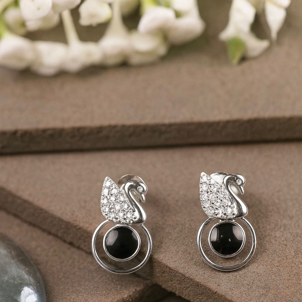 Elegant Swan Silver Earrings- Black Stone & Zircon Studded Design