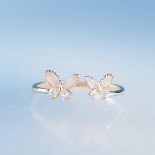 Sterling silver Rose Gold Plated Double Butterfly Finger Ring Adjustable CZ Design for women