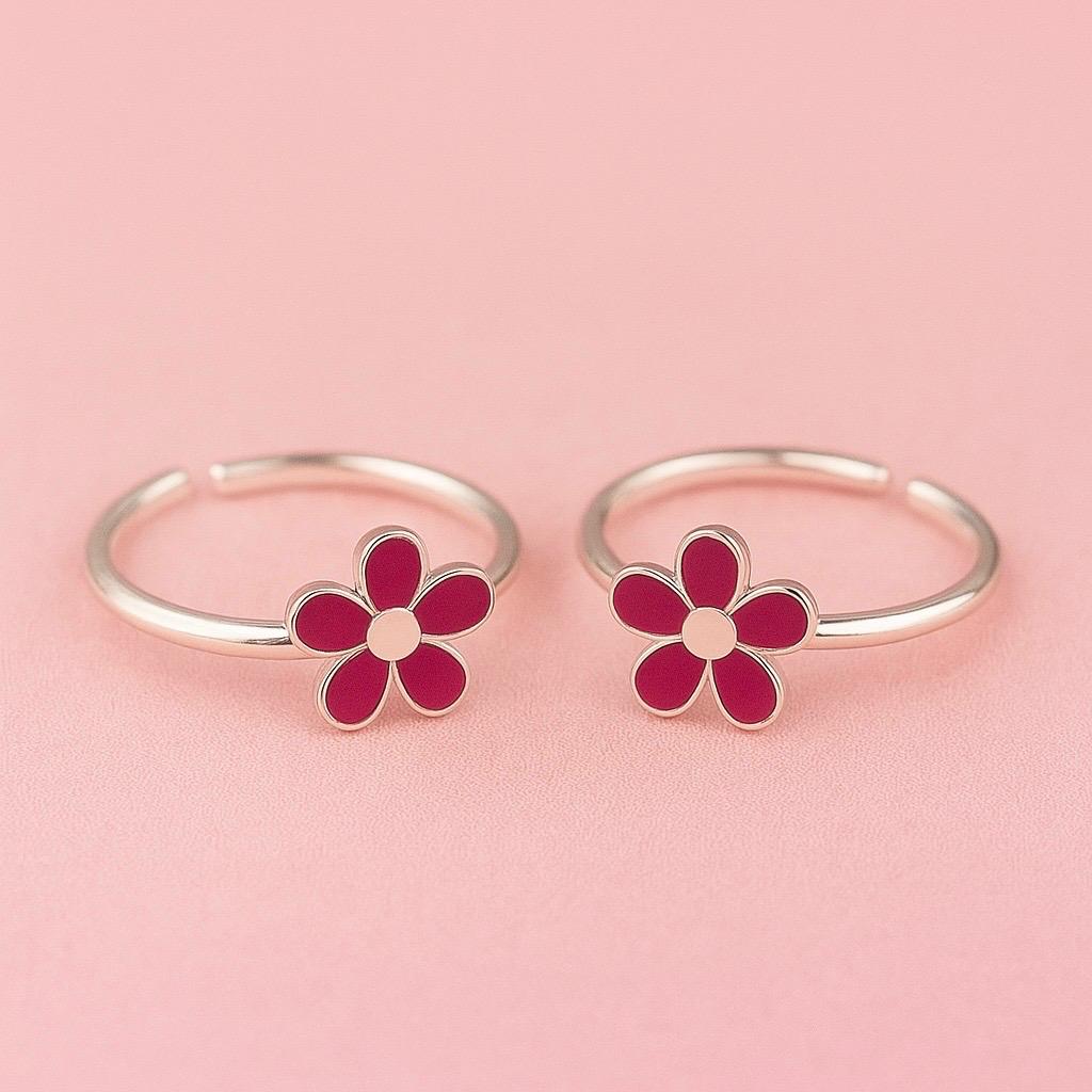 Sterling Silver Pink Enamel Flower Toe Ring Pair – Adjustable Ethnic Jewellery for Women