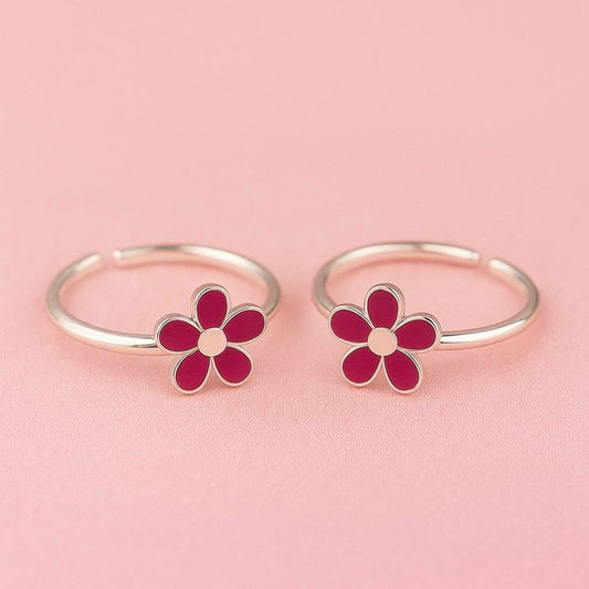 Sterling Silver Pink Enamel Flower Toe Ring Pair – Adjustable Ethnic Jewellery for Women