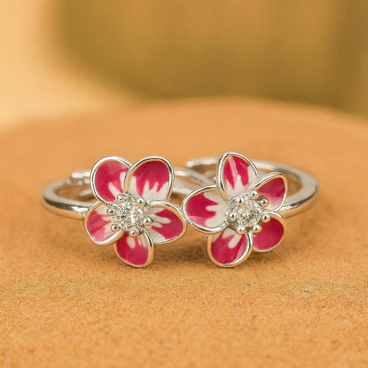 Sterling Silver Pink Enamel Flower Toe Ring Pair - Adjustable Ethnic Jewellery for Women