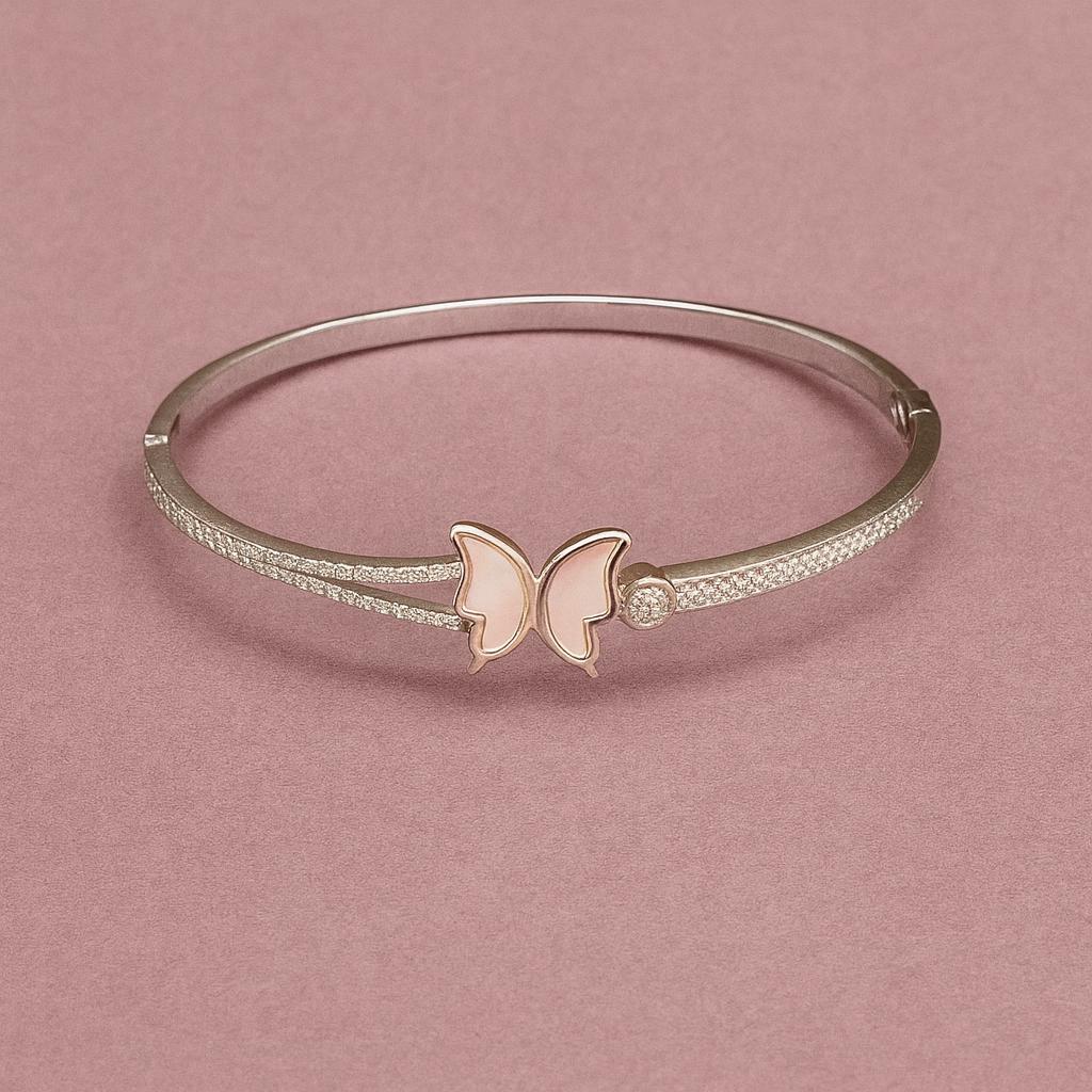 Sterling Silver Pink Butterfly Bangle Bracelet - Elegant CZ Studded Design for Women
