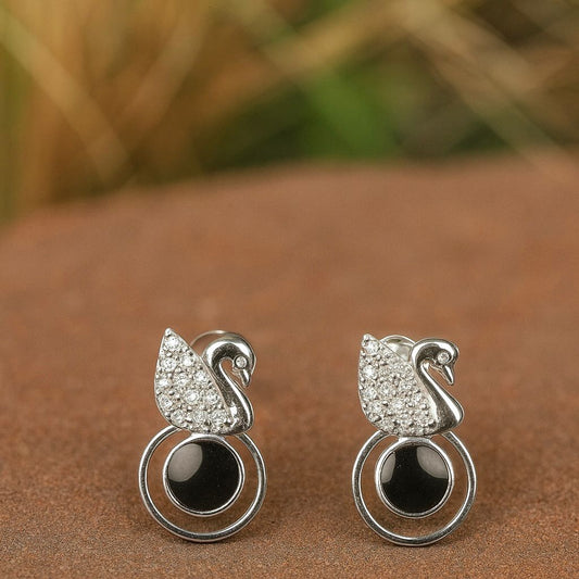 Elegant Swan Silver Earrings- Black Stone & Zircon Studded Design