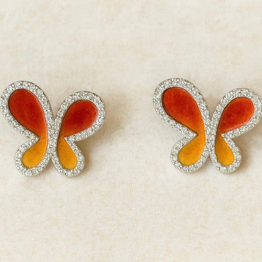Butterfly Bliss Silver Stud Earrings Orange Enamel & Zircon Detailing