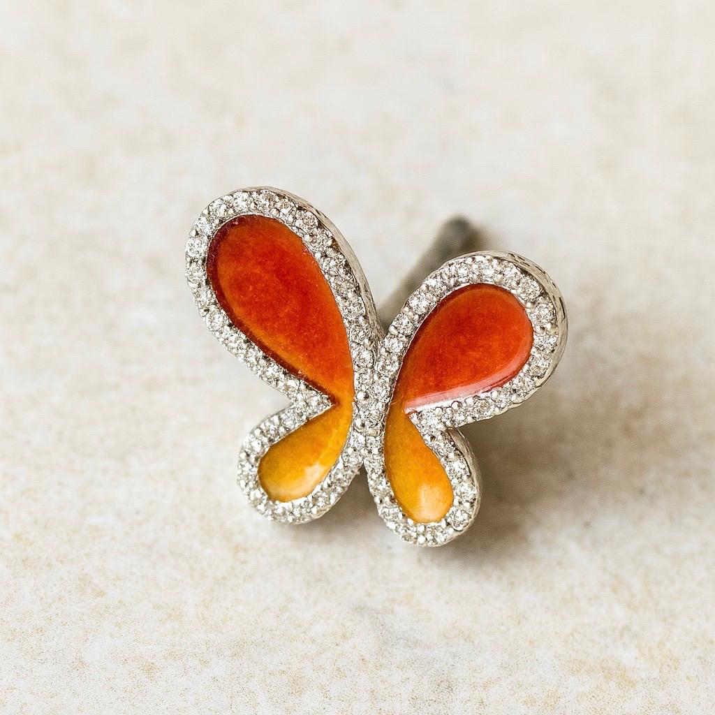 Butterfly Bliss Silver Stud Earrings Orange Enamel & Zircon Detailing